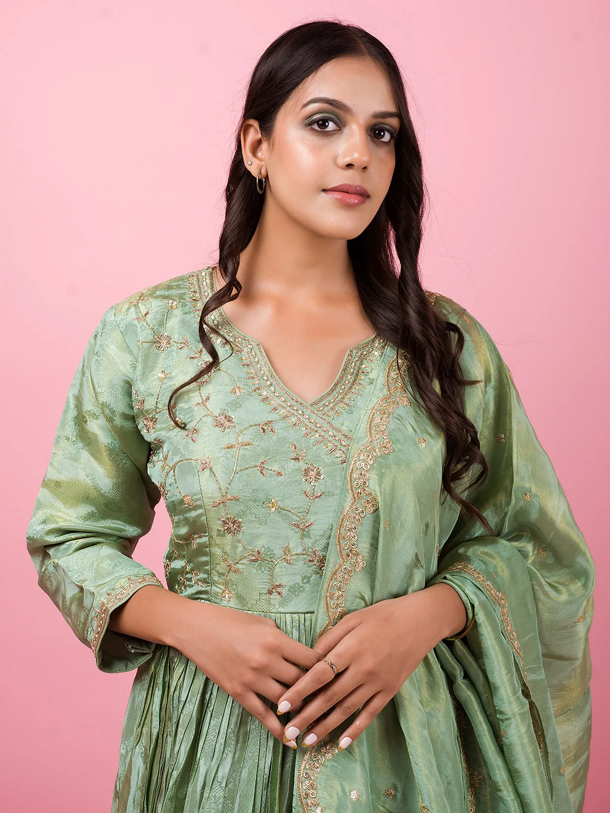 Elegant pista green tissue silk anarkali suit