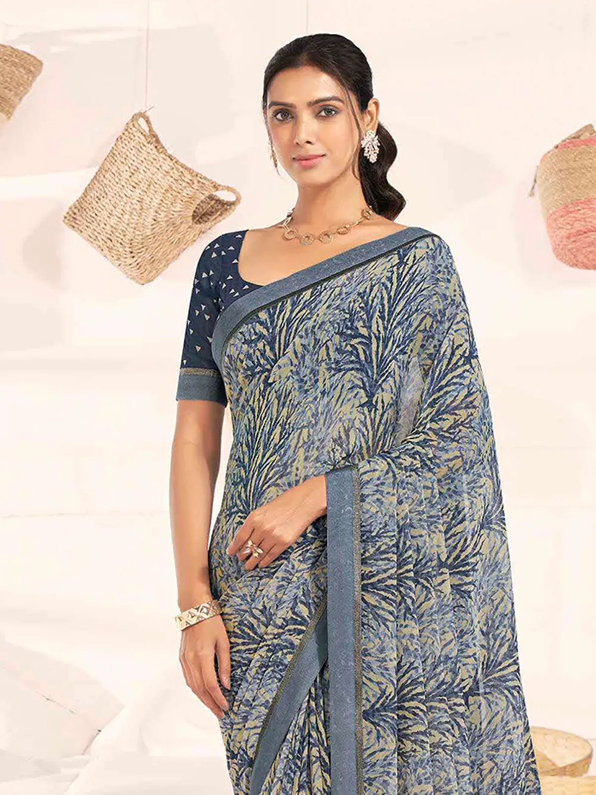 Elegant printed georgette grey saree