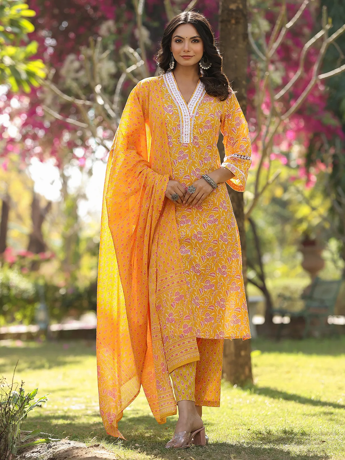 Elegant printed yellow cotton kurti set