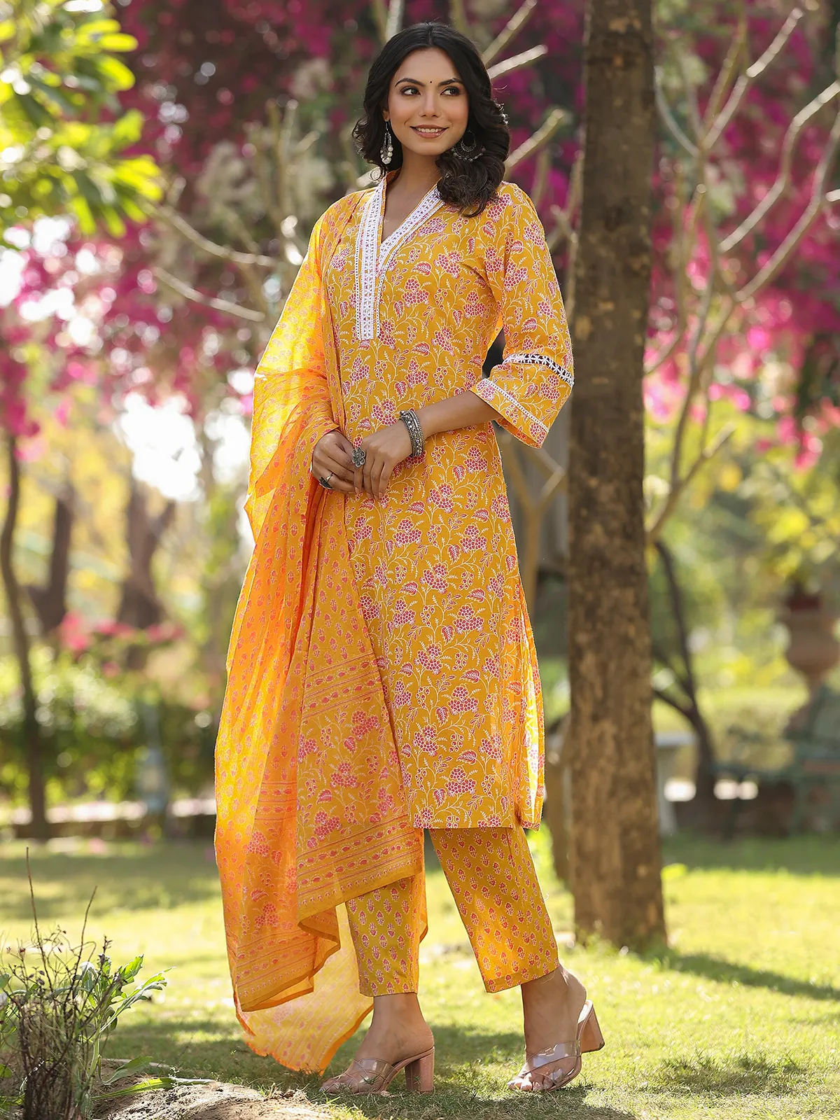 Elegant printed yellow cotton kurti set