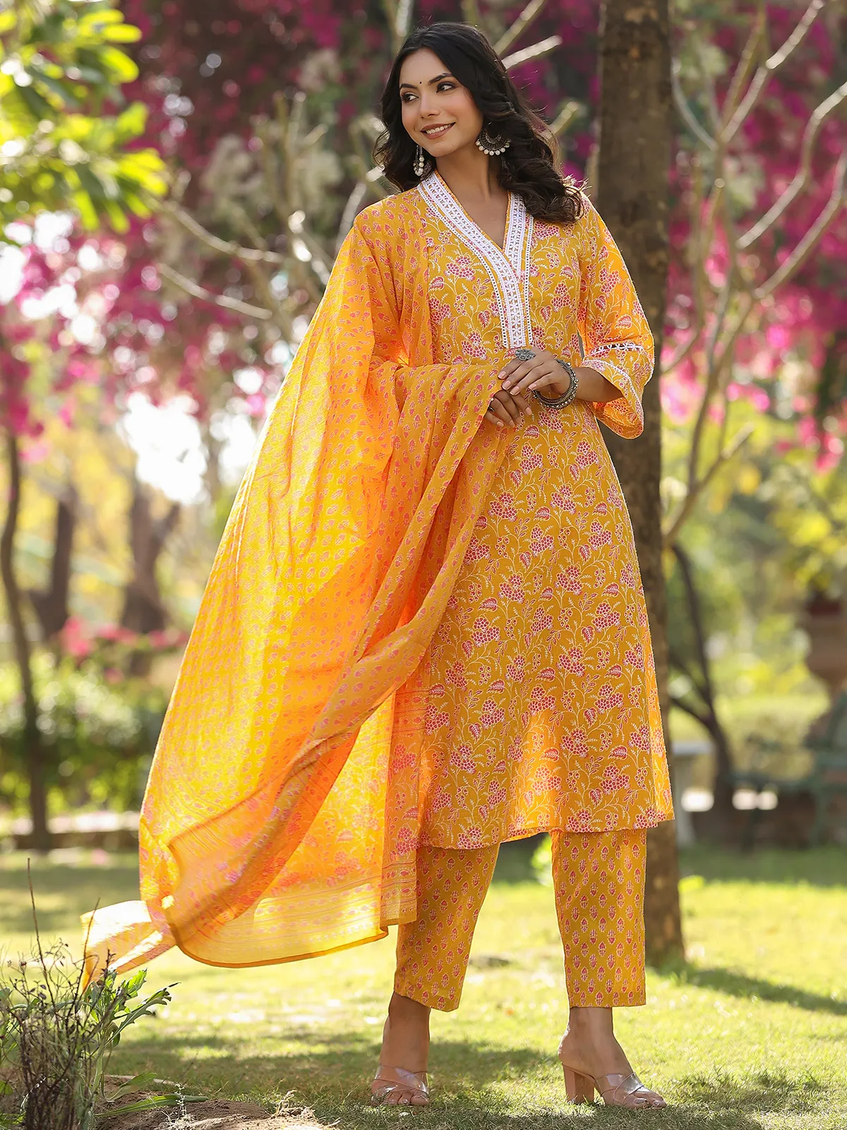 Elegant printed yellow cotton kurti set