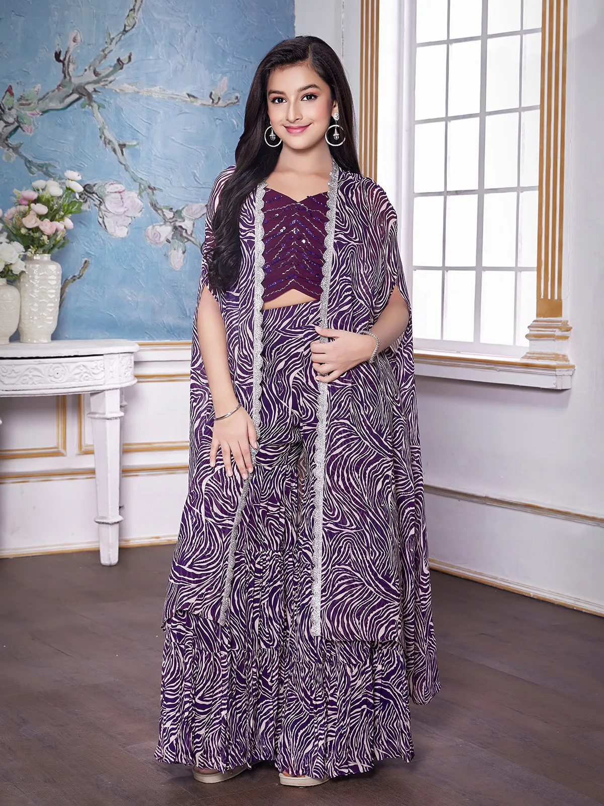 Elegant purple printed palazzo suit