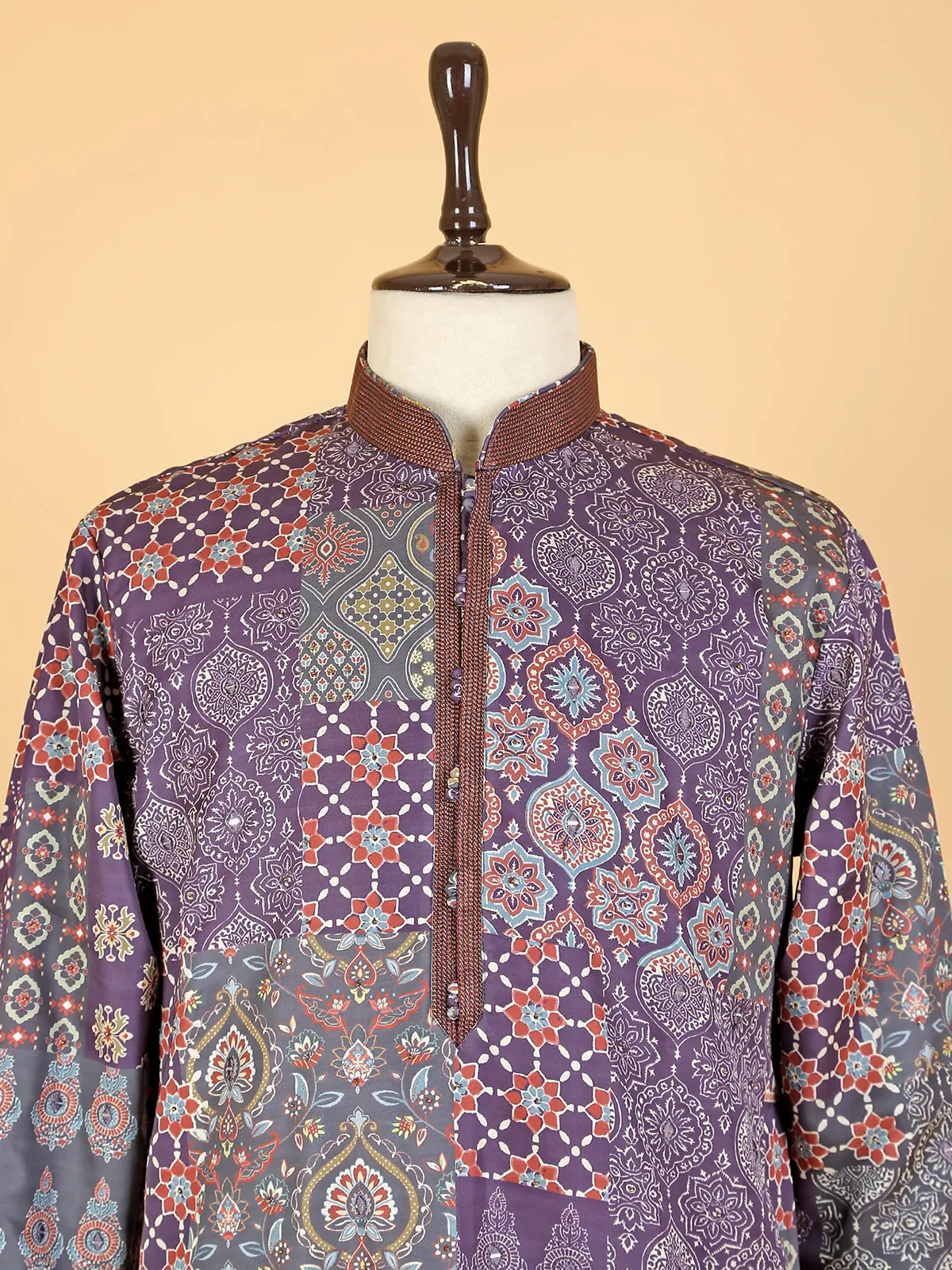 Elegant purple printed silk  Men Kurta pajama