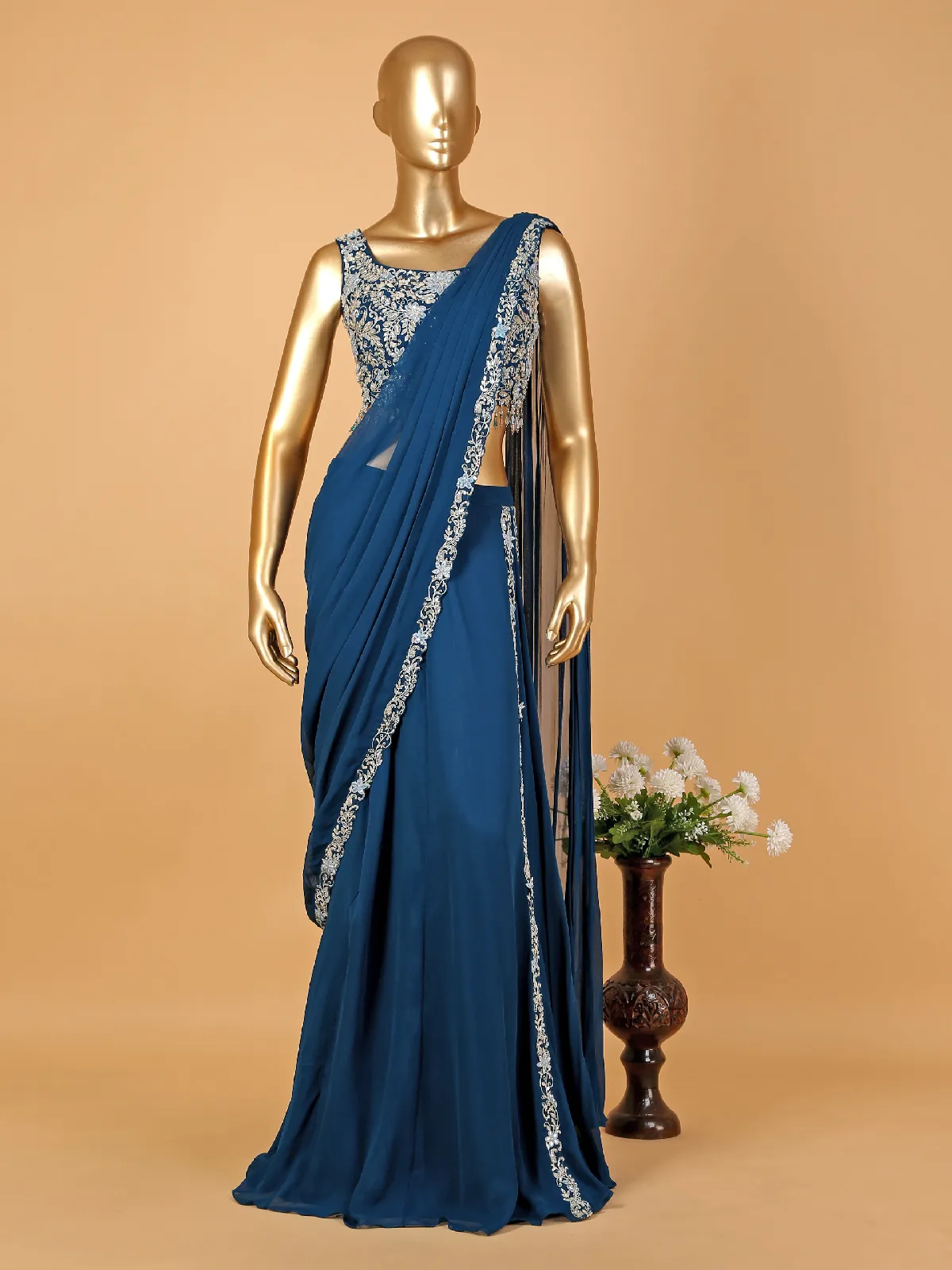 Elegant rama blue georgette ready-drape saree