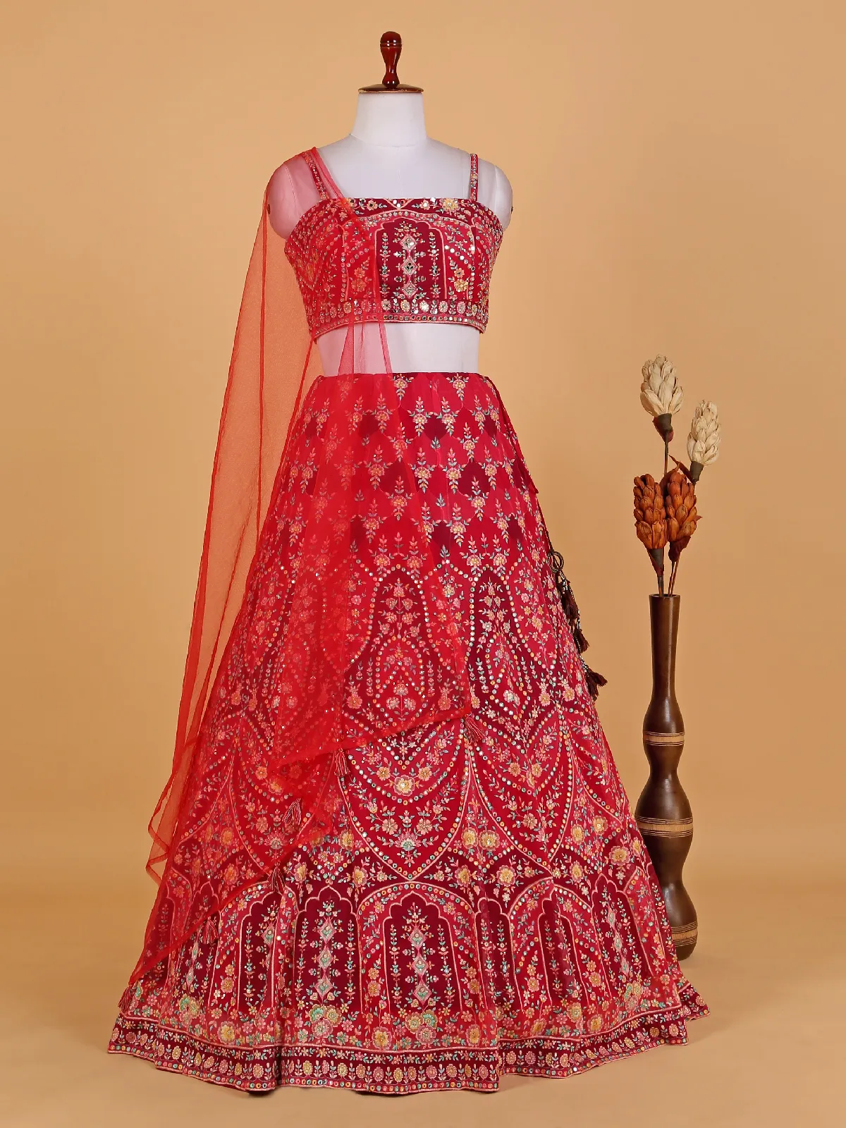 Elegant red georgette printed lehenga choli