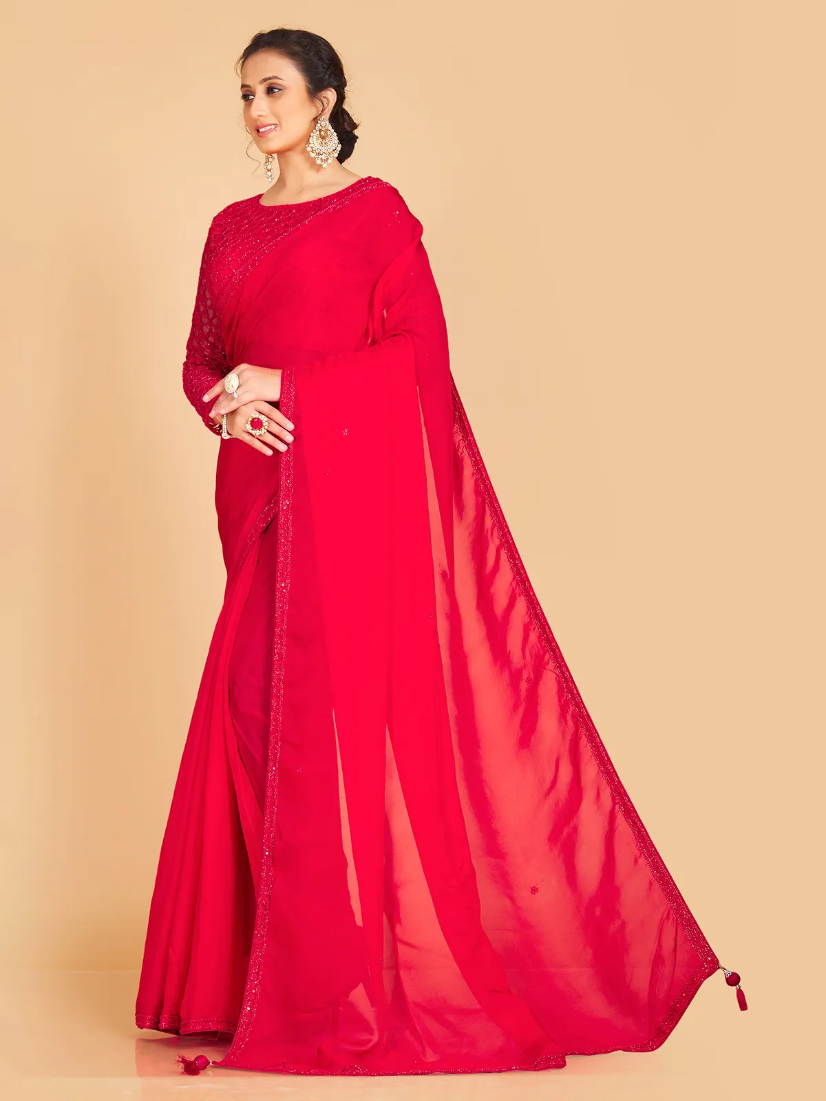 Elegant red soft organza saree