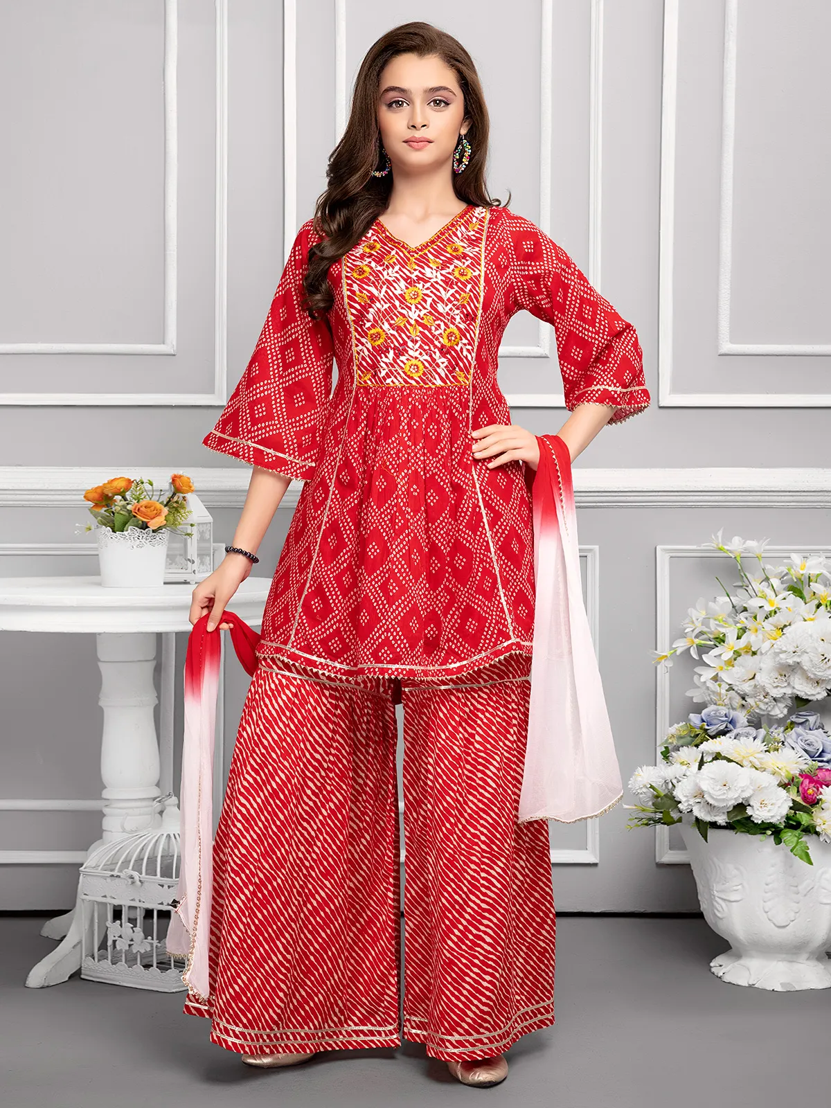 Elegant red printed sharara set