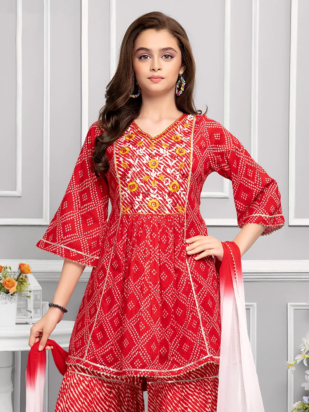 Elegant red printed sharara set