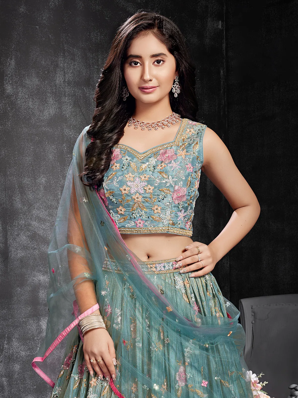 Elegant sea green organza lehenga choli