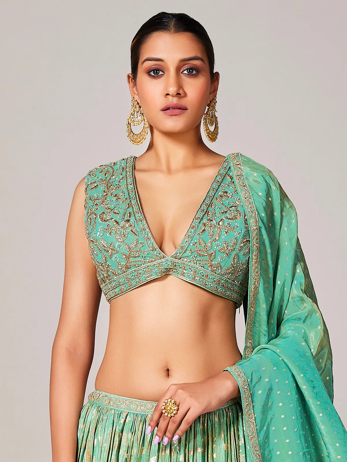 Elegant sea green tissue silk lehenga choli