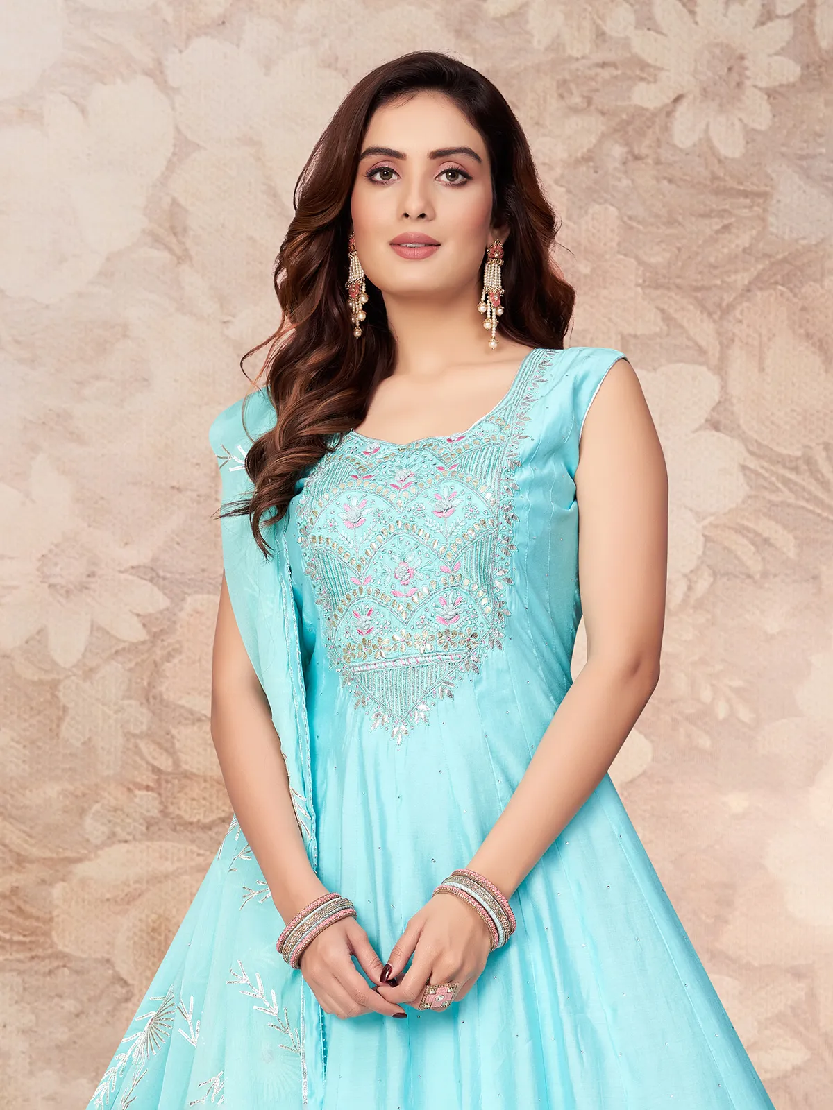 Elegant silk anarkali suit in sky blue