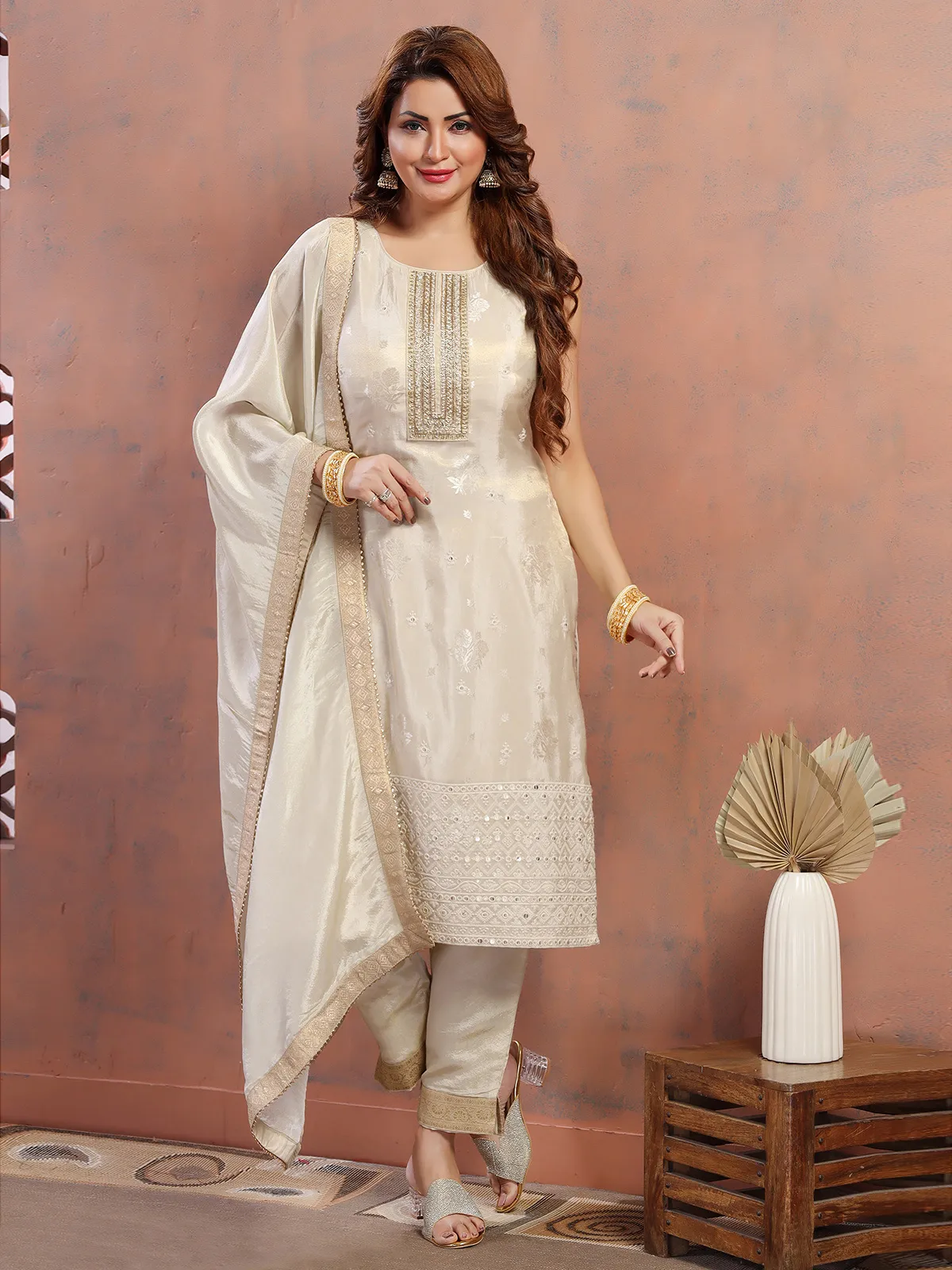 Elegant silk beige salwar suit