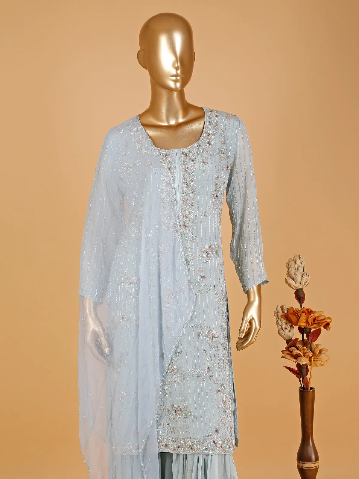 Elegant silk light blue sharara suit