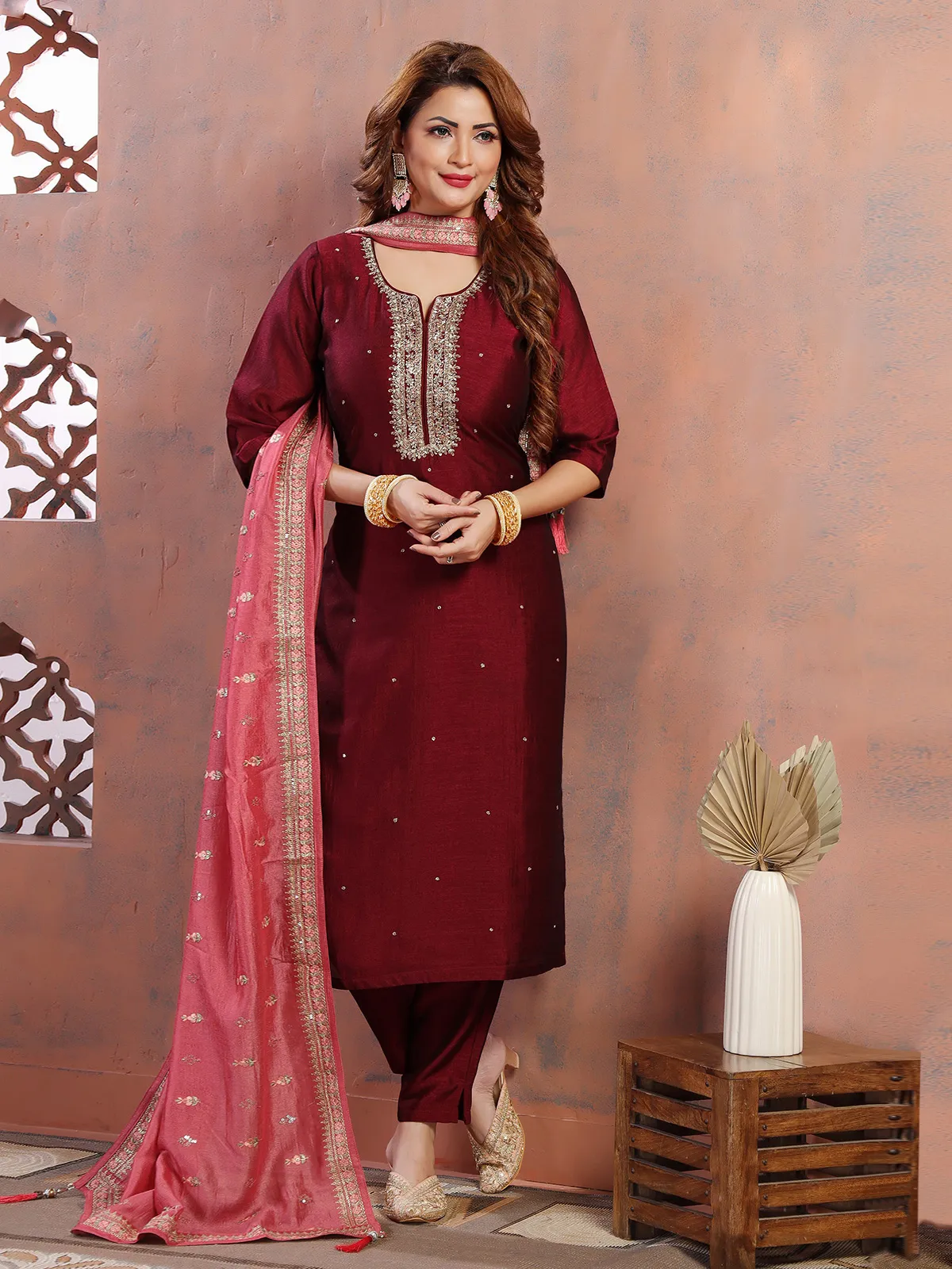 Elegant silk maroon salwar suit