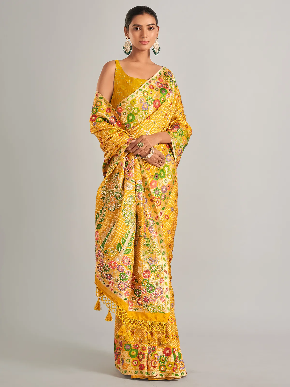 Silk mustard yellow bandhani print saree