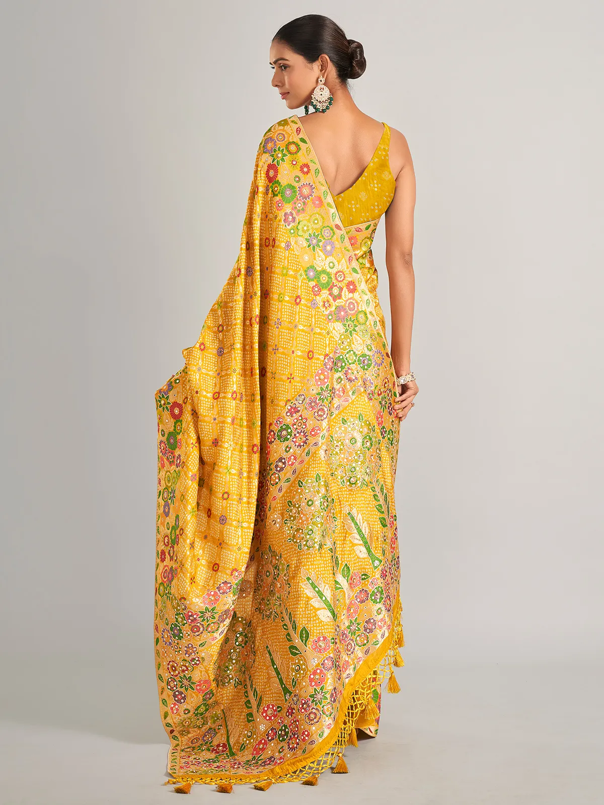 Silk mustard yellow bandhani print saree