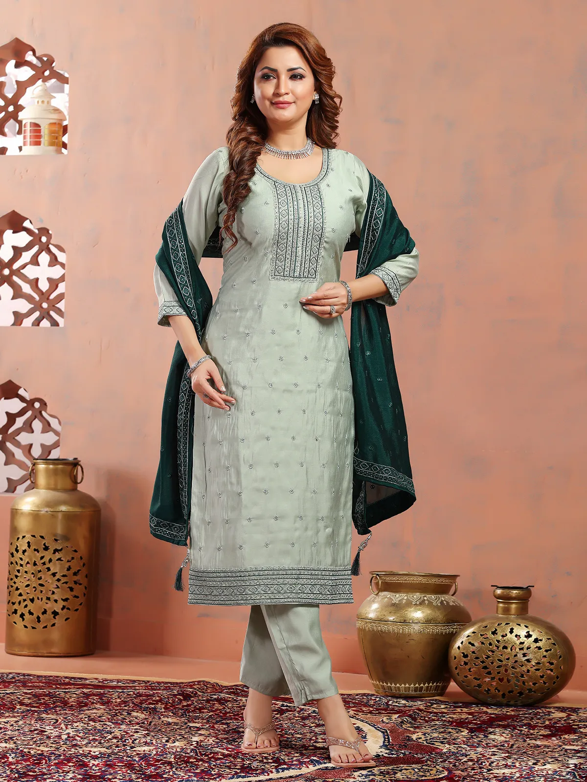 Elegant silk sage green salwar suit