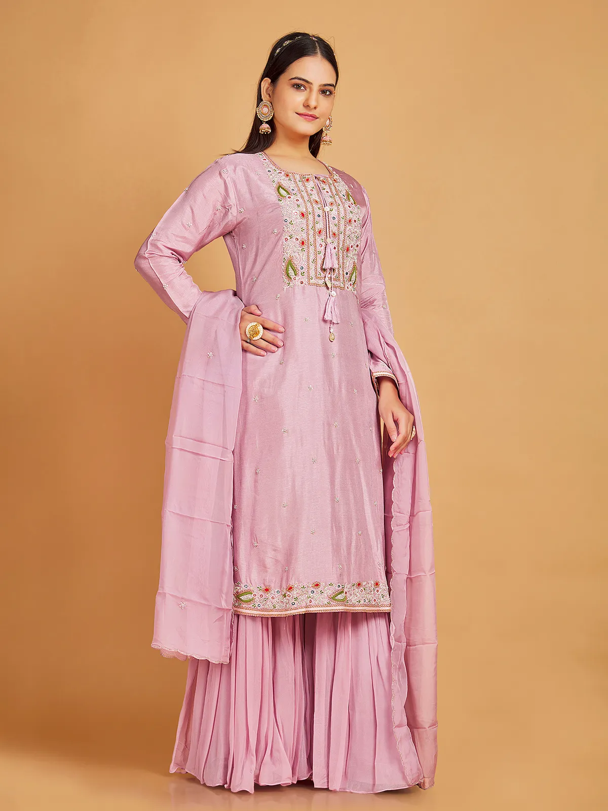 Elegant silk sharara suit in pink