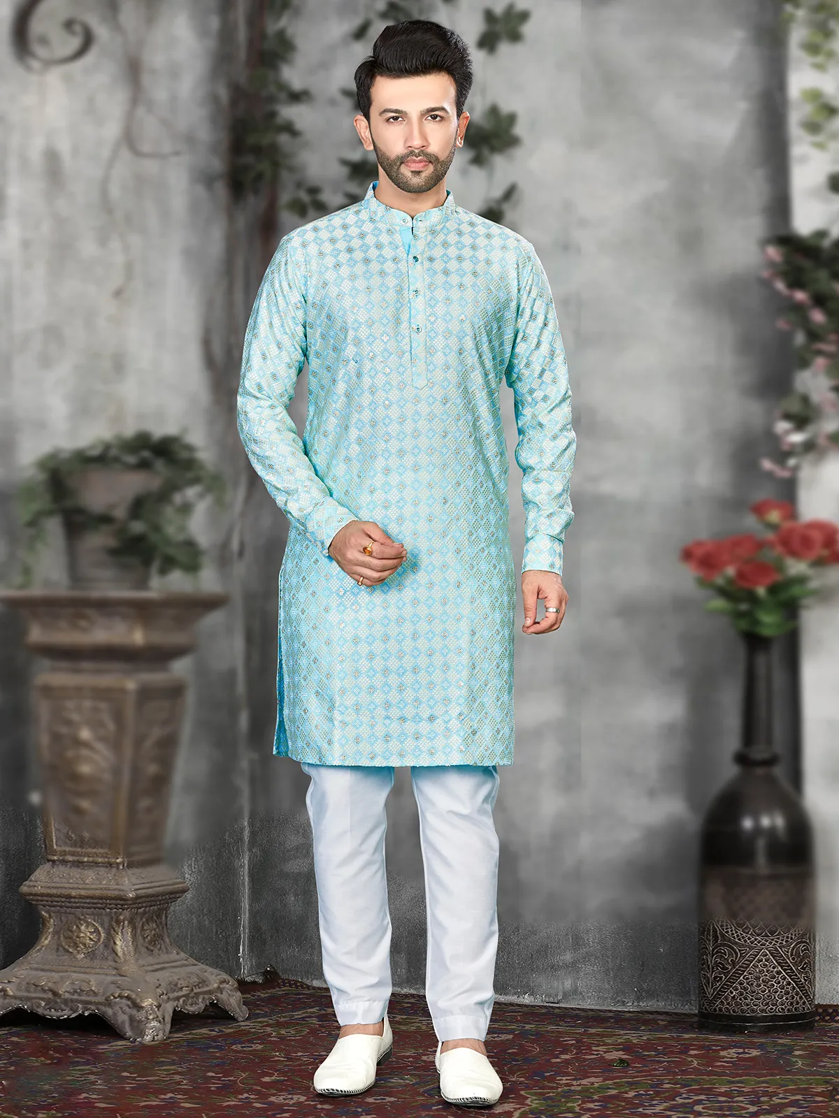 Elegant sky blue silk embroidery kurta suit