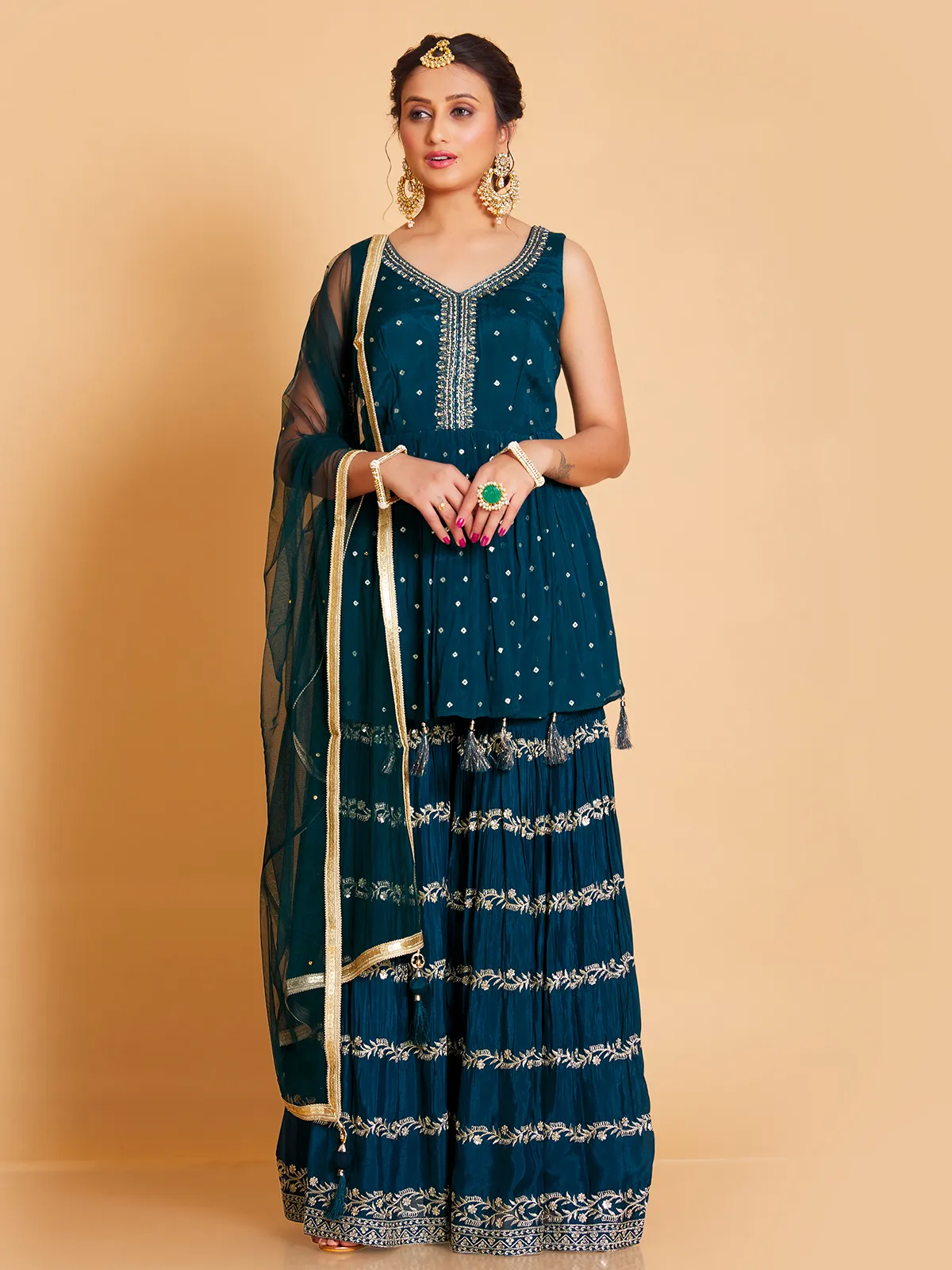 Elegant teal blue georgette sharara suit