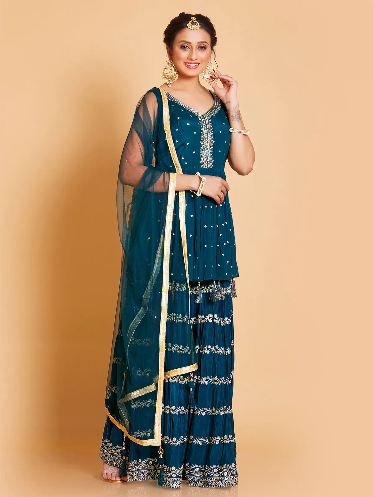 Elegant teal blue georgette sharara suit