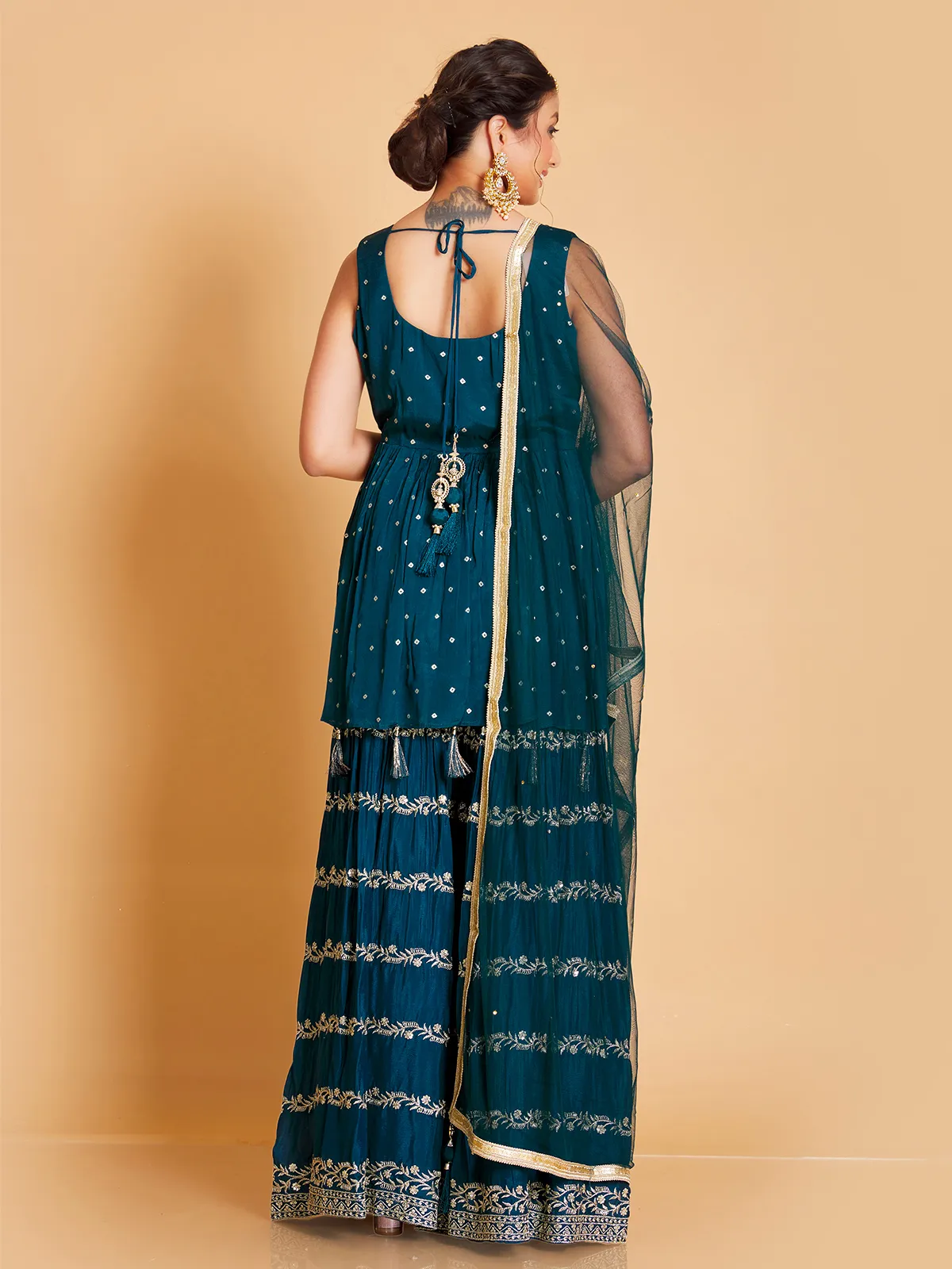 Elegant teal blue georgette sharara suit