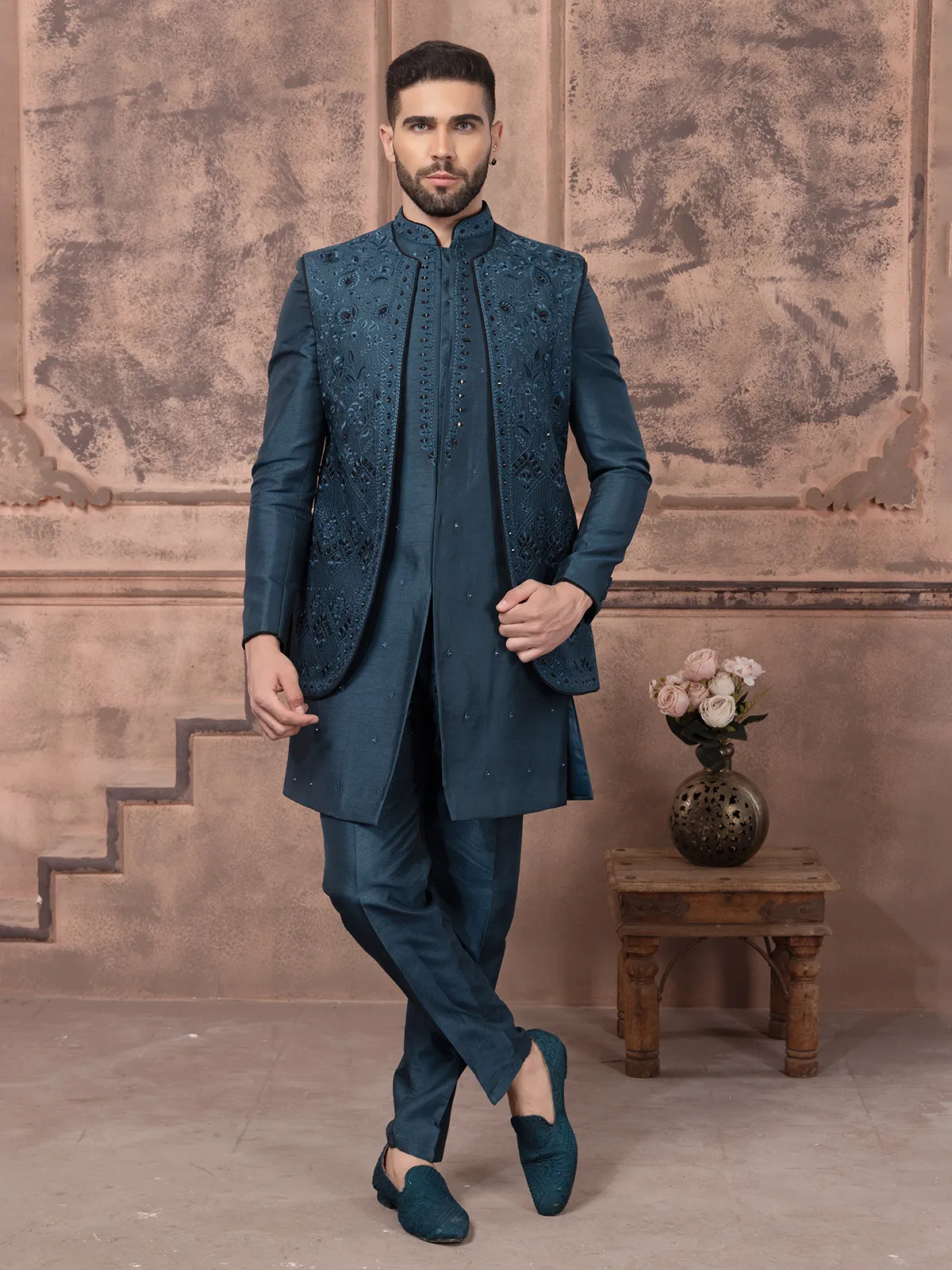 Elegant teal blue silk indowestern