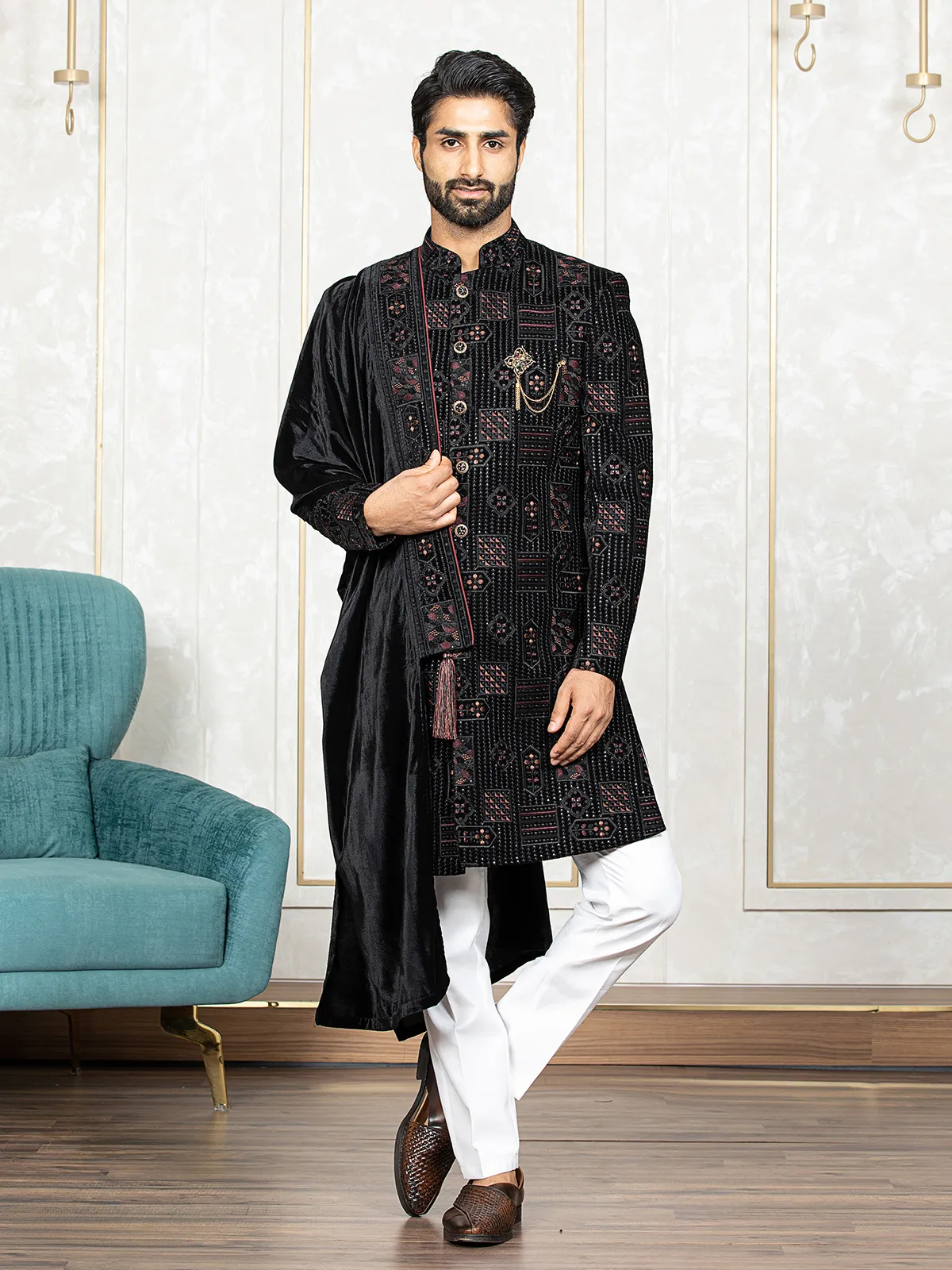 Elegant velvet black indowestern