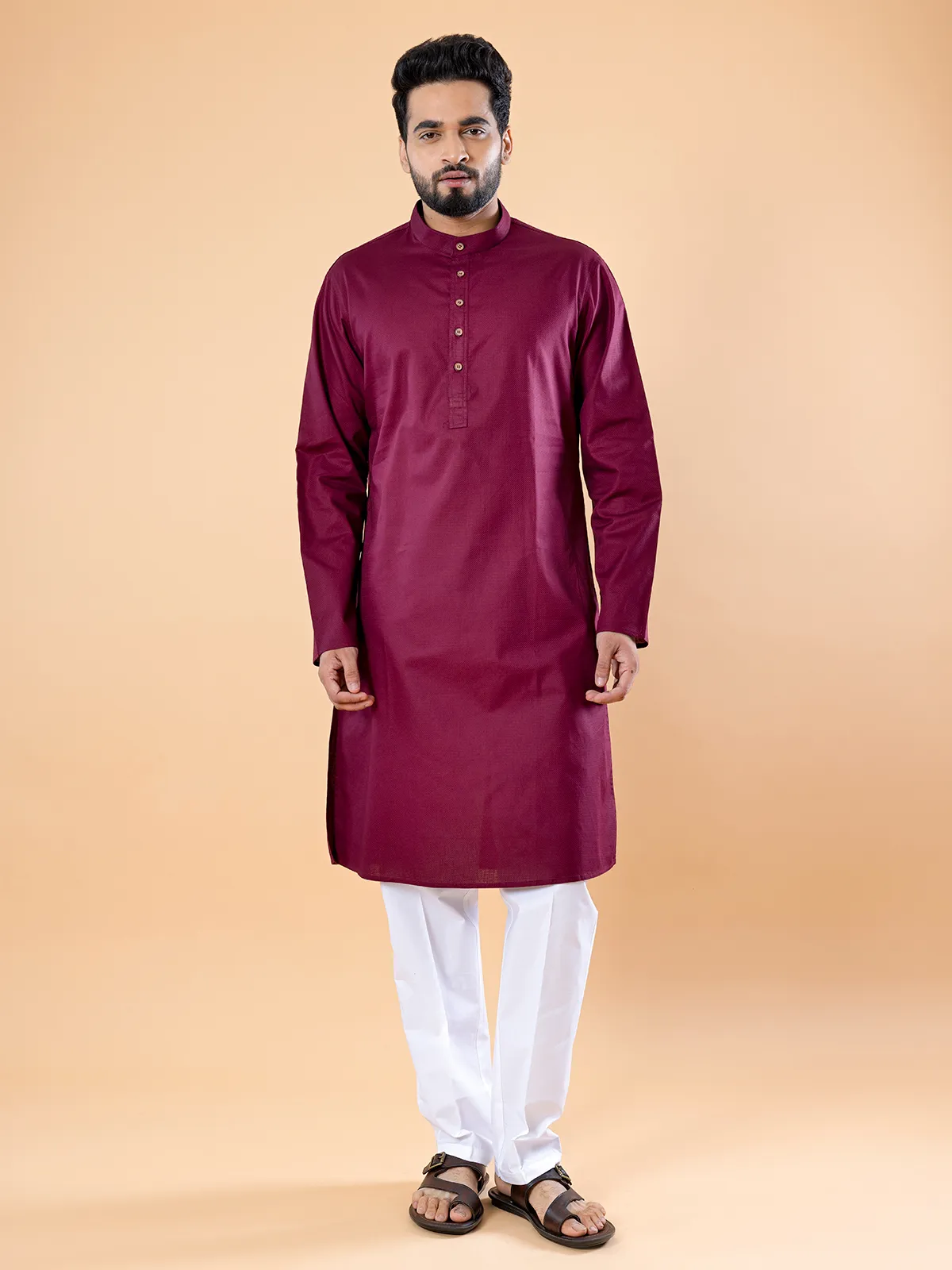 Elegant wine cotton plain  Men Kurta pajama