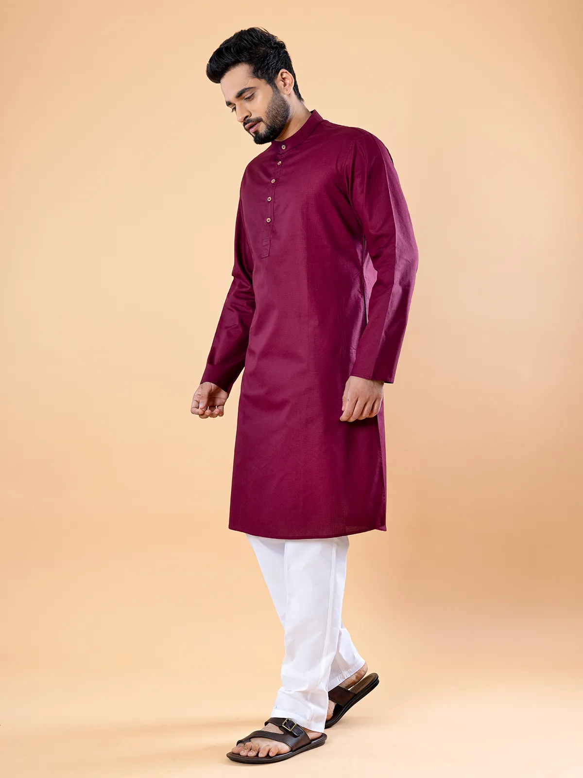 Elegant wine cotton plain  Men Kurta pajama