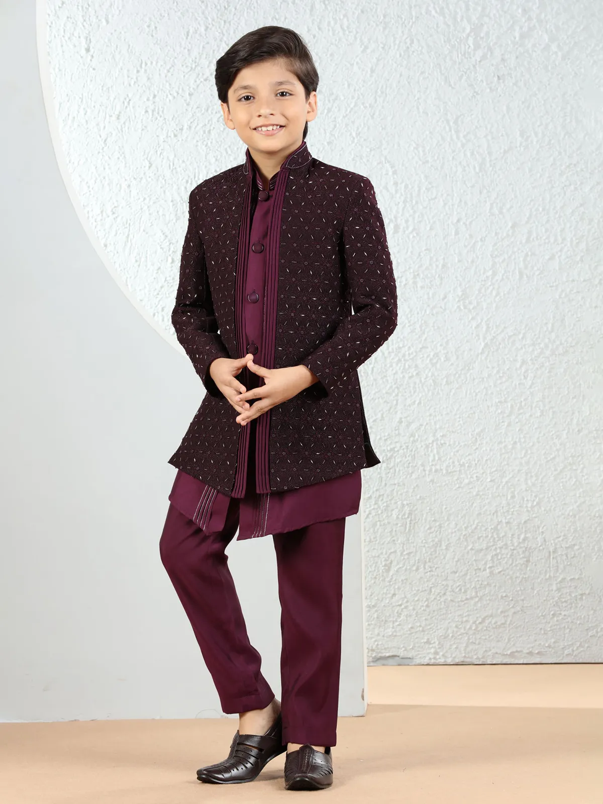 Elegant wine silk indowestern