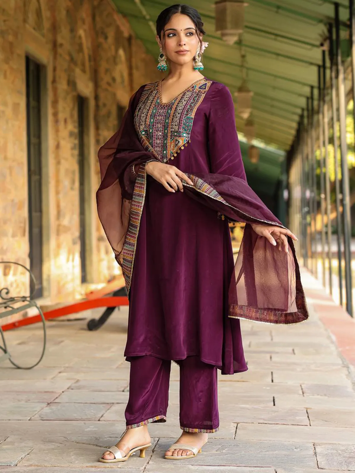 Elegant wine silk kurti set