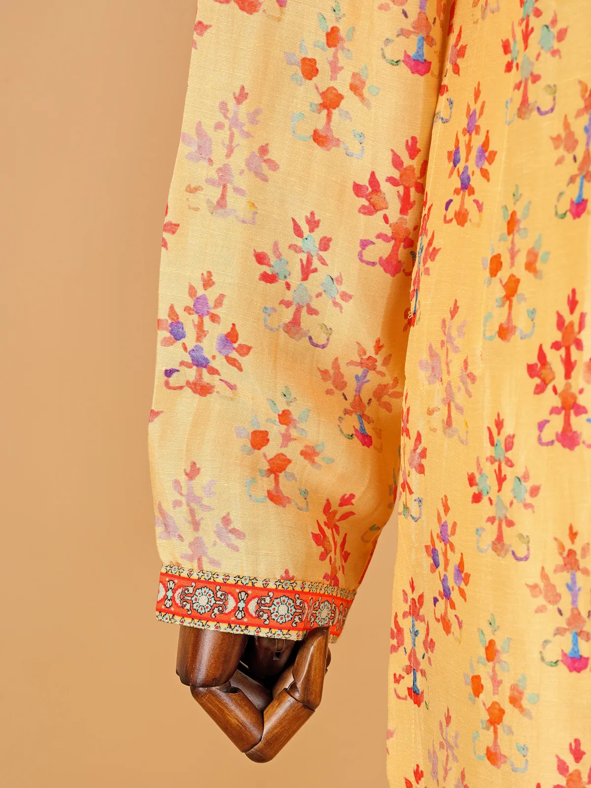 Elegant yellow printed silk  Men Kurta pajama
