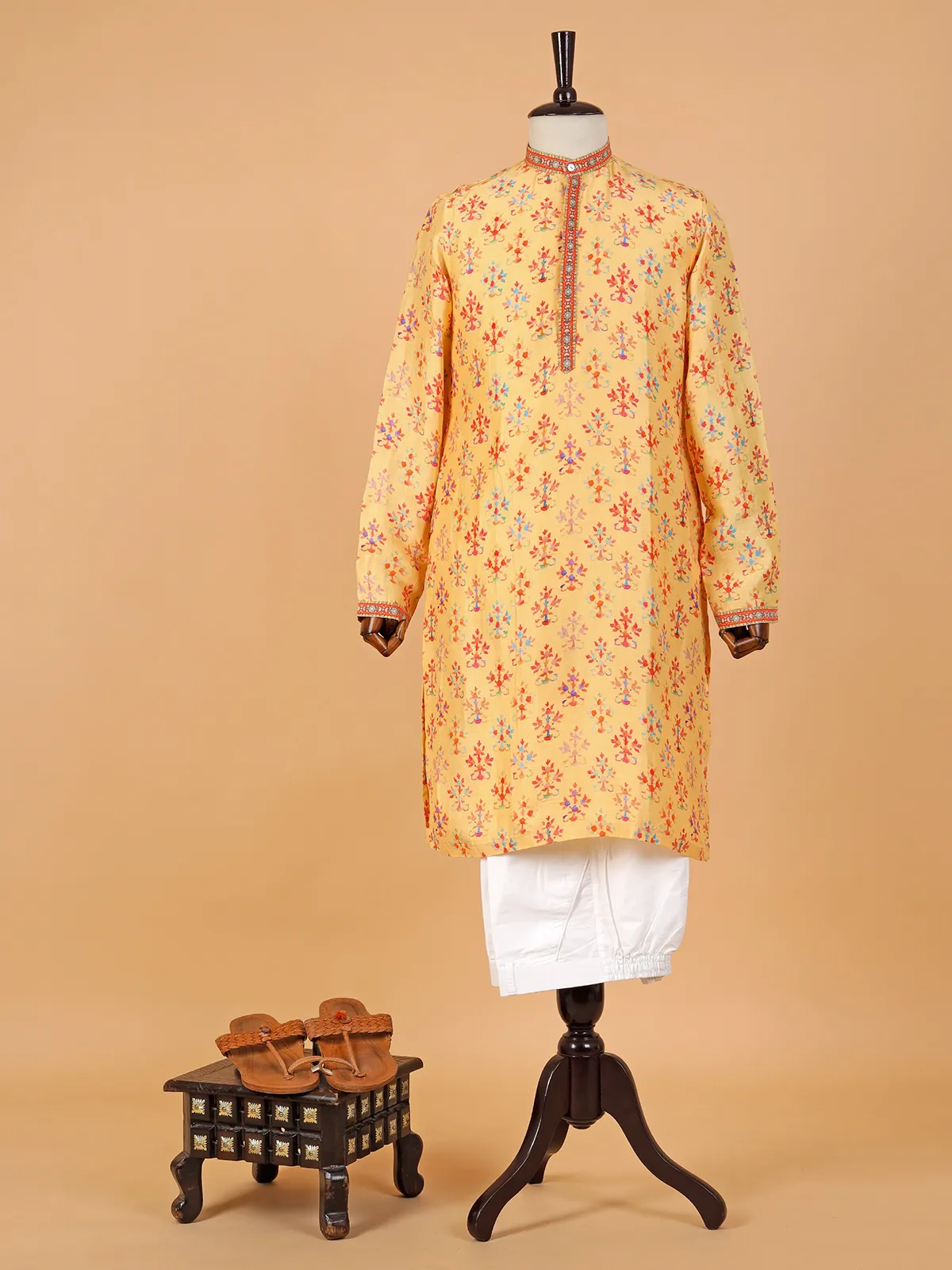 Elegant yellow printed silk  Men Kurta pajama