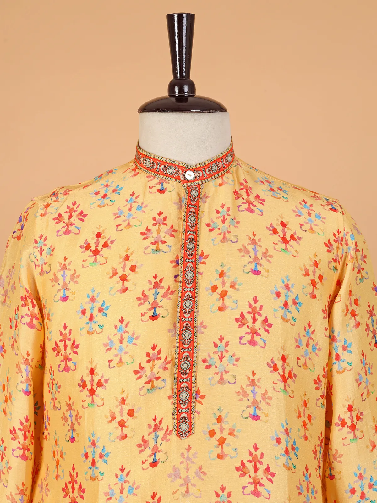 Elegant yellow printed silk  Men Kurta pajama