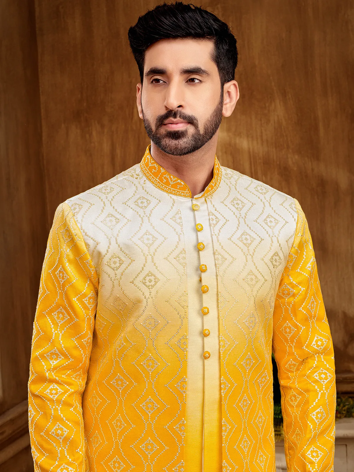 Elegant yellow shaded indowestern jacket for the modern man