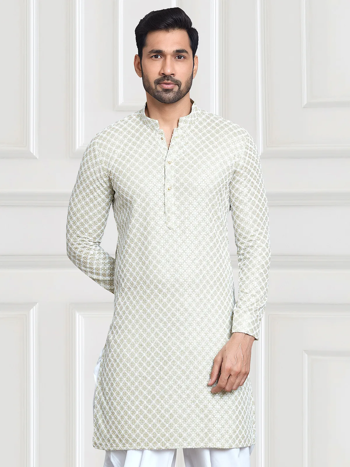 Embroidery beige rayon cotton  Men Kurta pajama