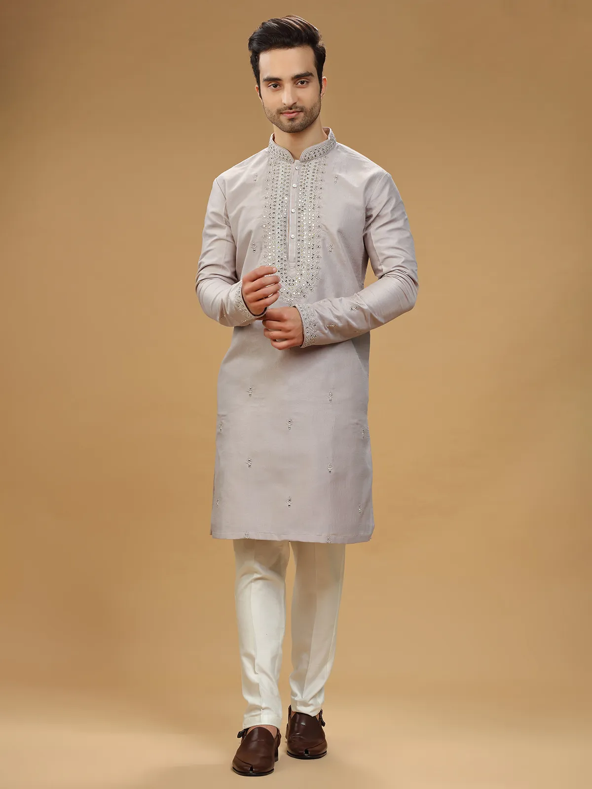 Embroidery beige silk  Men Kurta pajma