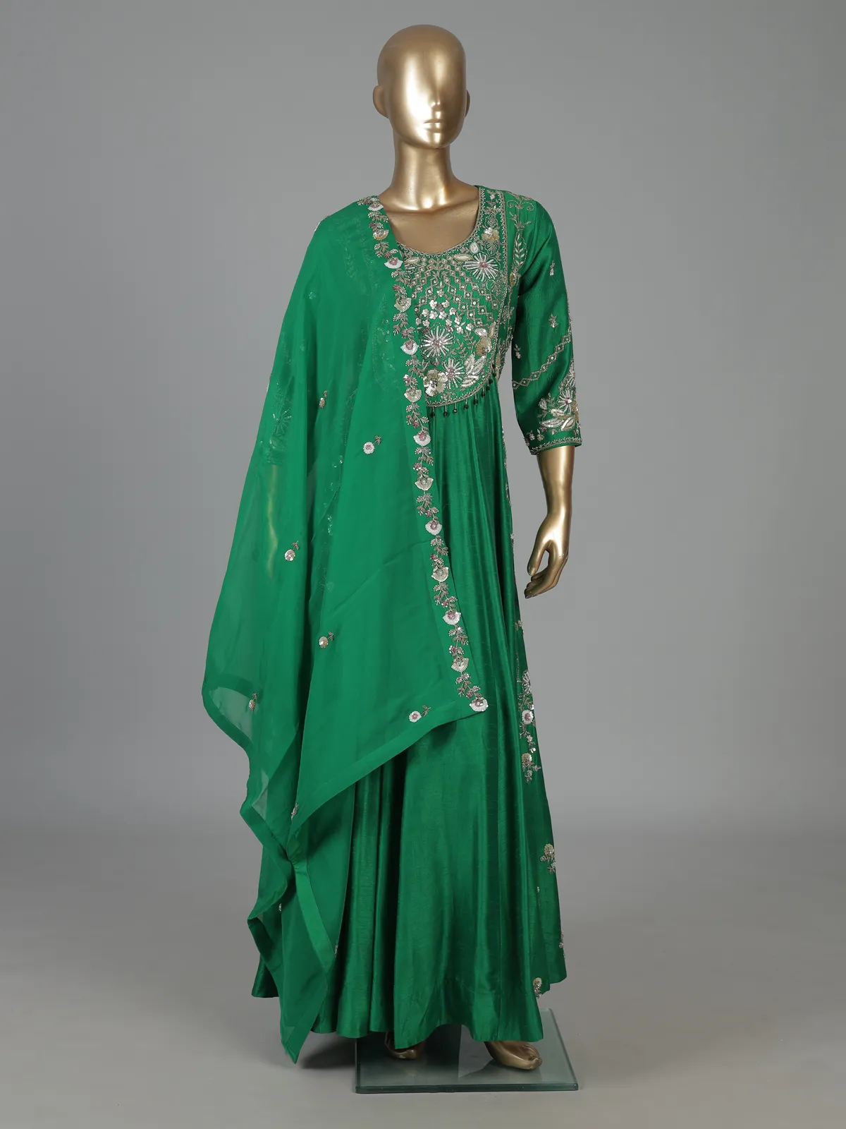 Emerald green silk embroidered Anarkali suit-G3-WSS45892