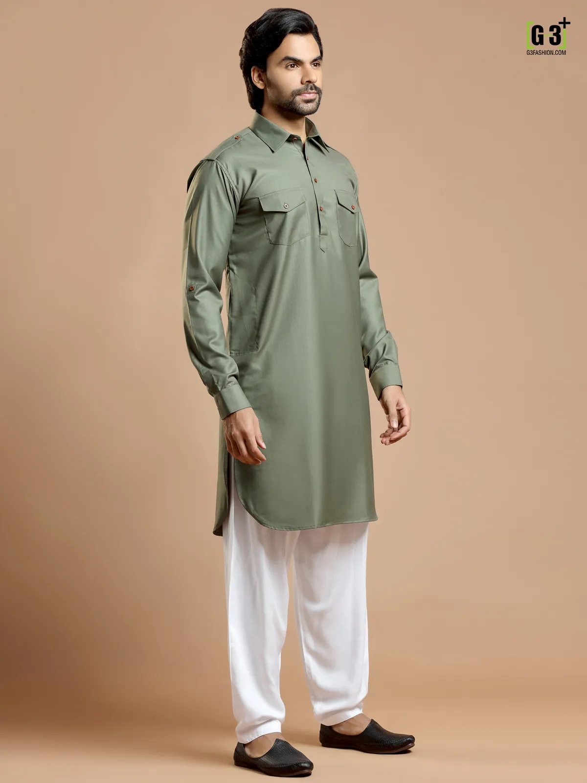 Sage green plain cotton silk pathani suit