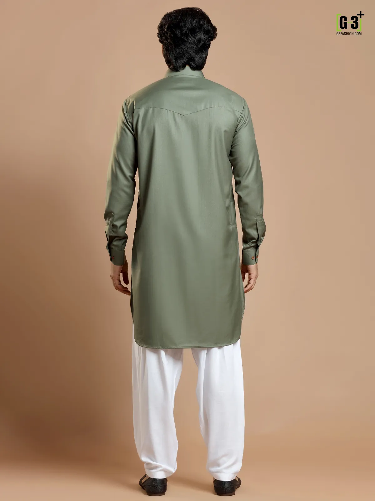 Sage green plain cotton silk pathani suit