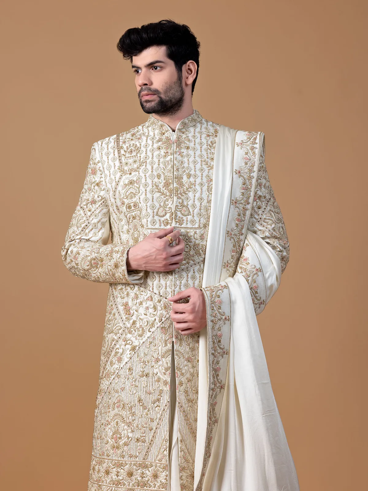 Ethnic cream raw silk sherwani