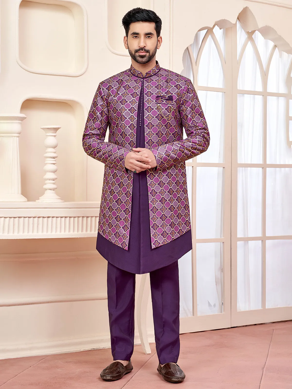 Exquisite purple indo western for weddings and receptions