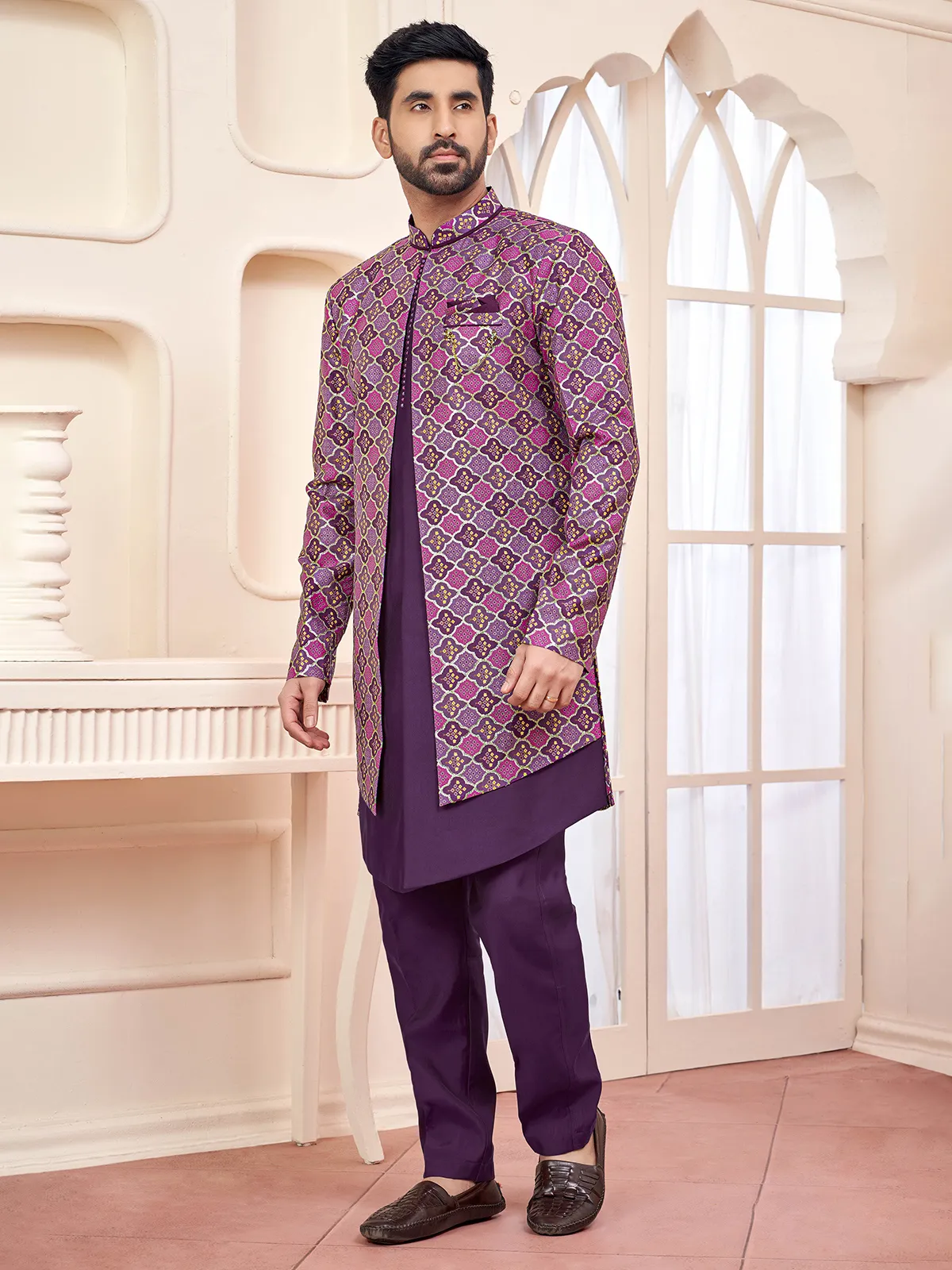 Exquisite purple indo western for weddings and receptions