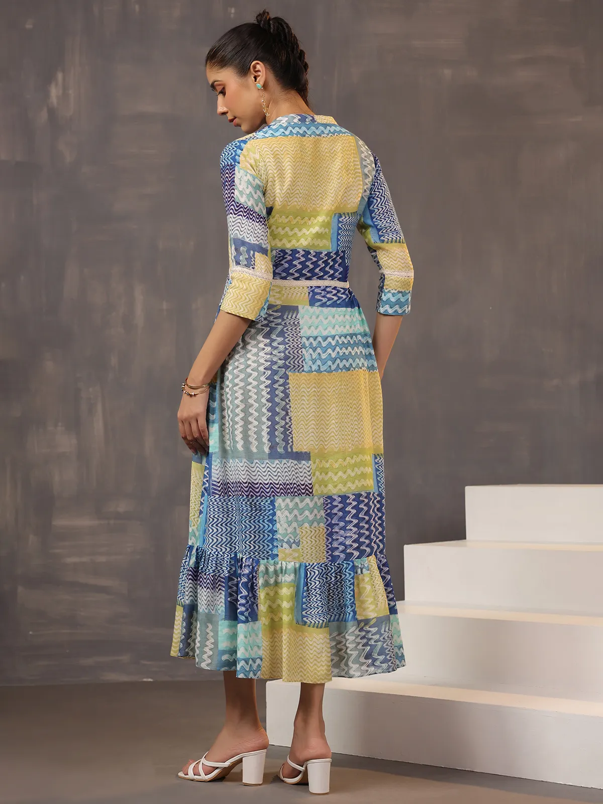 Eye catching beige and blue printed cotton silk kurti