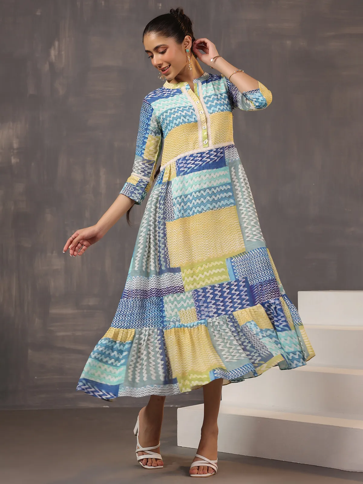 Eye catching beige and blue printed cotton silk kurti