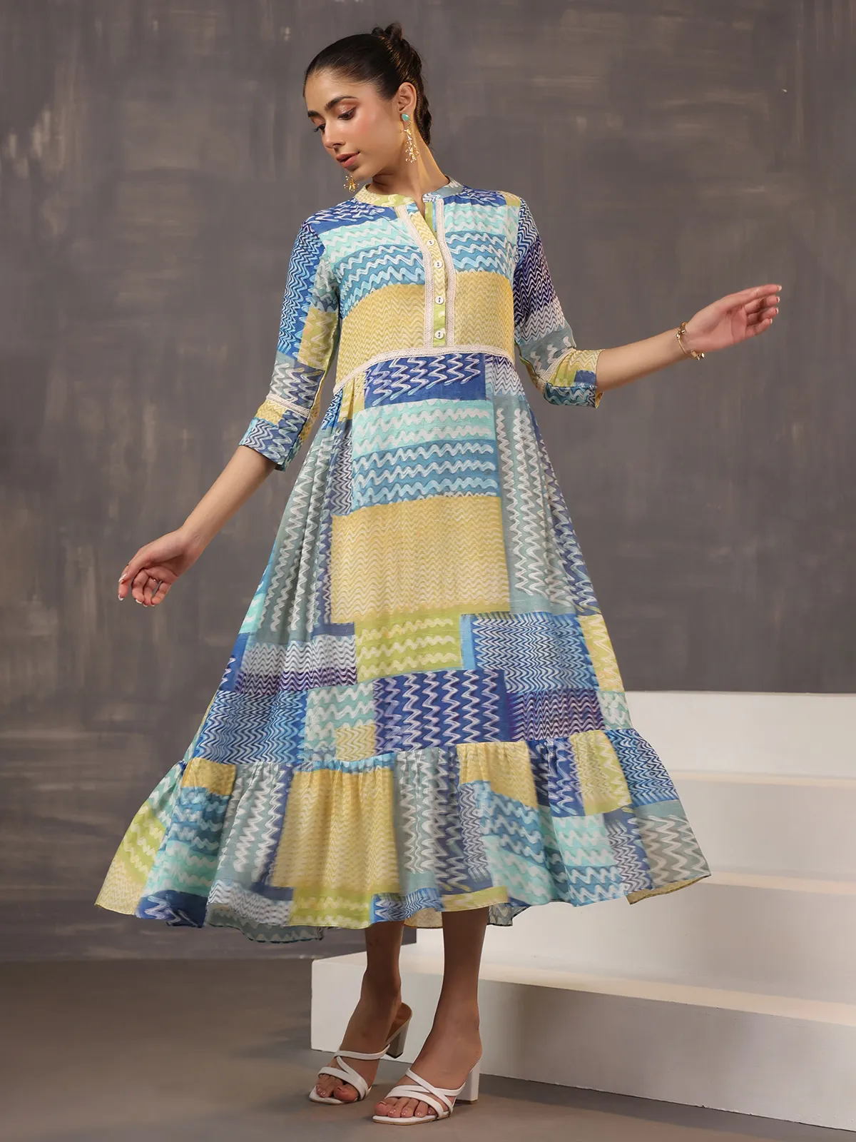 Eye catching beige and blue printed cotton silk kurti