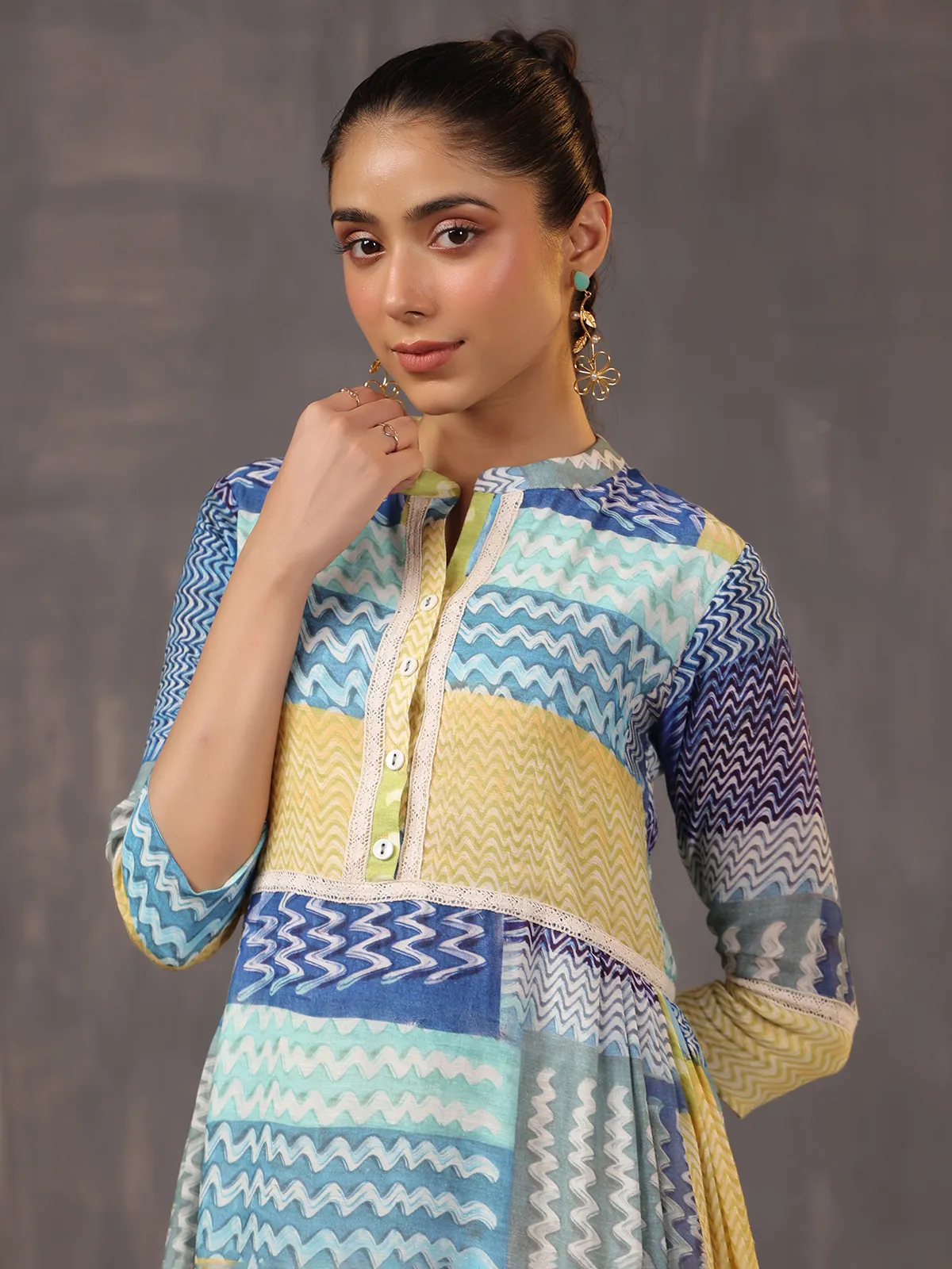 Eye catching beige and blue printed cotton silk kurti