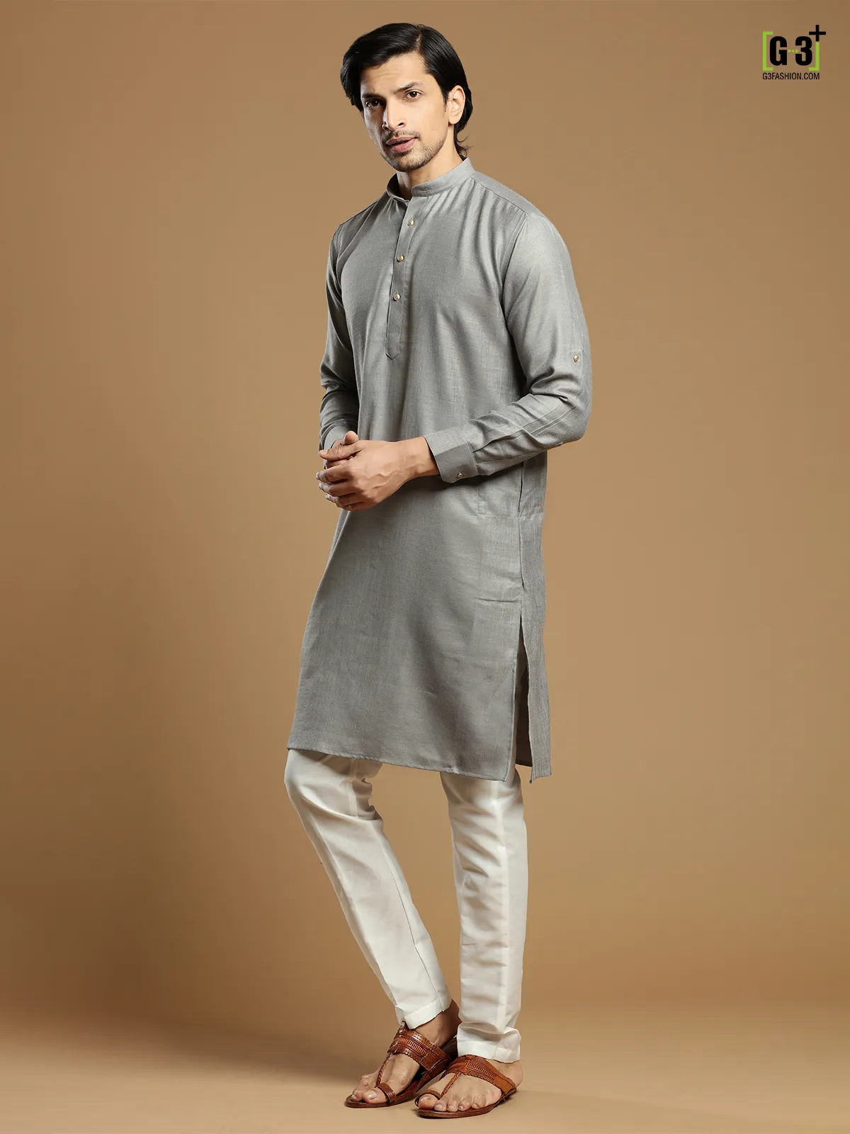 Fabulous grey solid cotton men festive events kurta suit