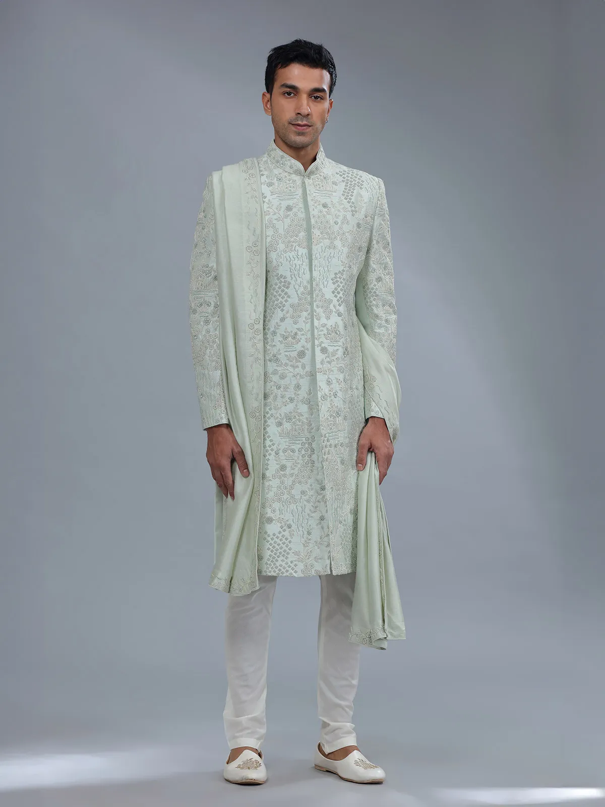 Fabulous light green raw silk sherwani for groom